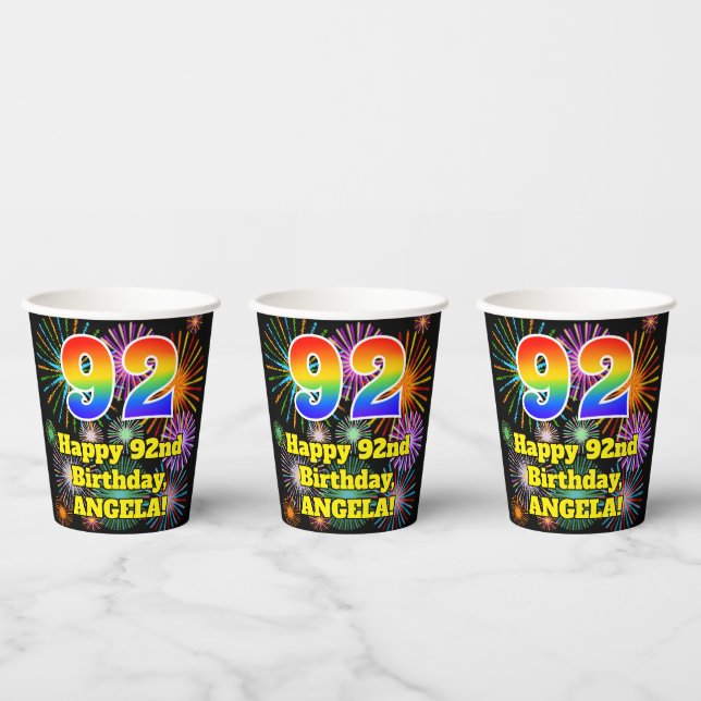 92nd Birthday: Fun Fireworks Pattern + Rainbow 92 Paper Cups (Multi)