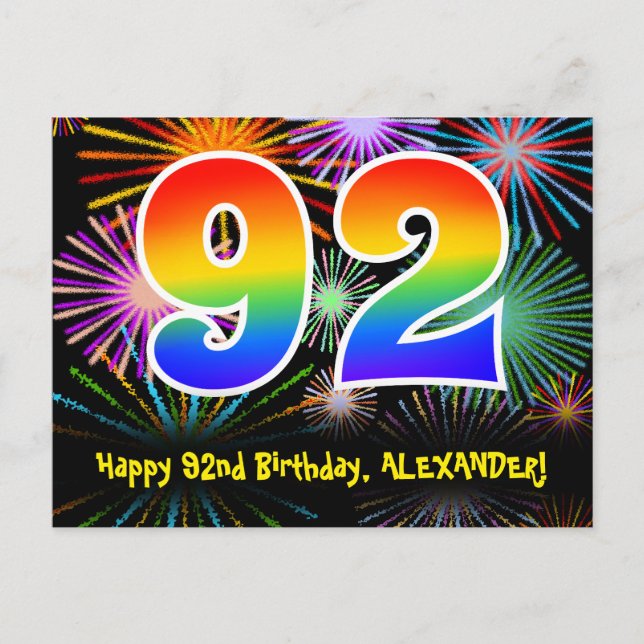 92nd Birthday – Fun Fireworks Pattern + Rainbow 92 Postcard (Front)