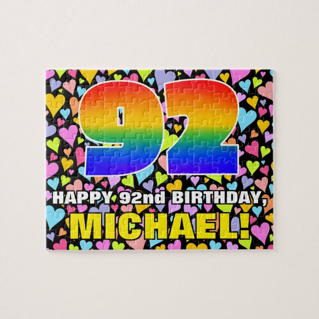 92nd Birthday — Fun, Loving Heart Shapes + “92” Jigsaw Puzzle (Horizontal)