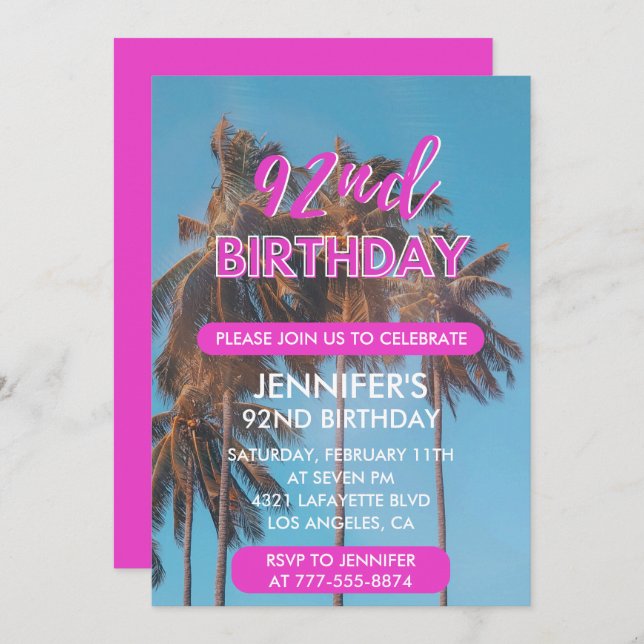 92nd birthday invitation Summer Pink Palm tree (Front/Back)