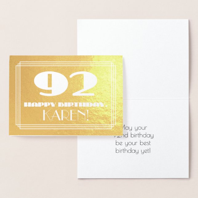 92nd Birthday: Name + Art Deco Inspired Look "92" Foil Card (Display)