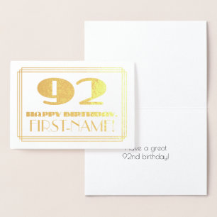 92nd Birthday; Name + Art Deco Inspired Look "92" Foil Card