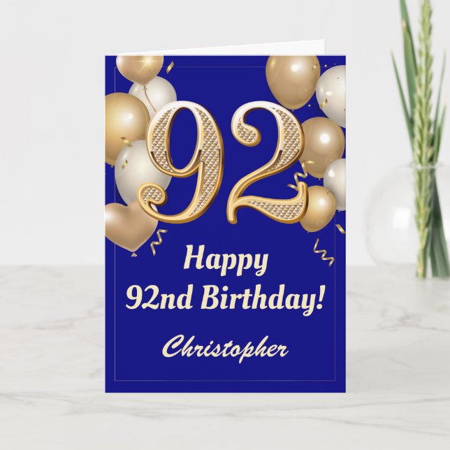 92nd Birthday Navy Blue and Gold Balloons Confetti Card (Front)