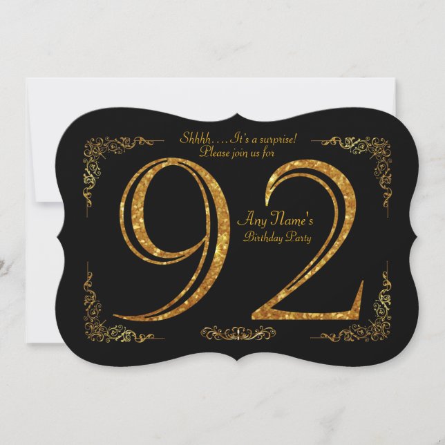 92nd,Birthday party 92nd,great Gatsby,black & gold Invitation (Front)