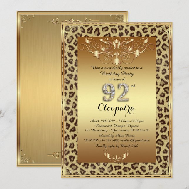 92nd, Birthday Party 92nd, Royal Cheetah gold plus Invitation (Front/Back)