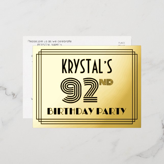 92nd Birthday Party ~ Art Deco Style “92” + Name Foil Invitation Postcard (Front/Back)