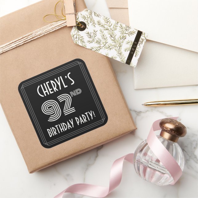 92nd Birthday Party: Art Deco Style & Custom Name Square Sticker (Gifting)