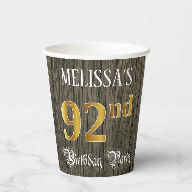 92nd Birthday Party — Faux Gold & Faux Wood Looks Paper Cups (Back)