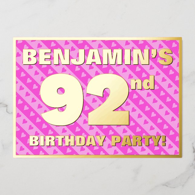 92nd Birthday Party — Fun Pink Hearts and Stripes (Front)