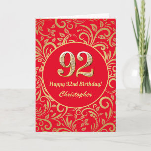 92nd Birthday Red and Gold Floral Pattern Card