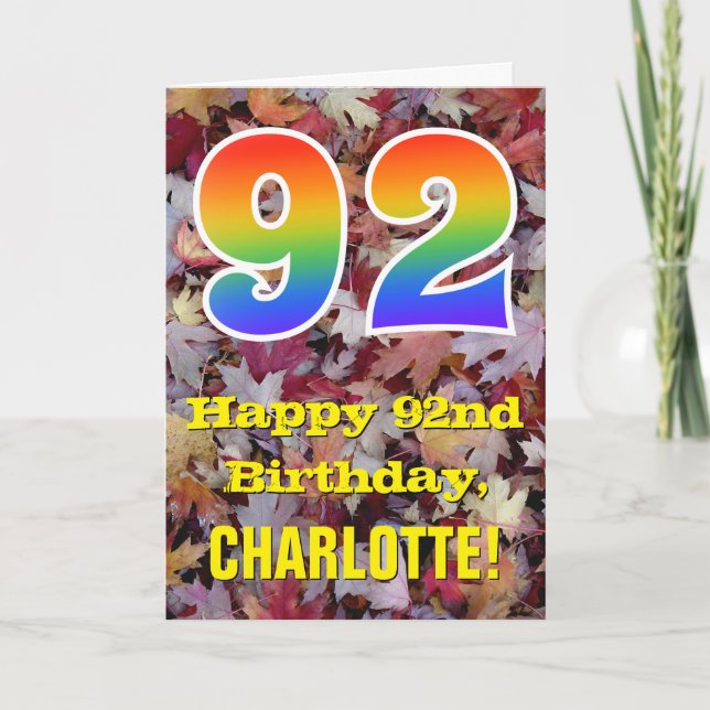 92nd Birthday; Rustic Autumn Leaves; Rainbow "92" Card (Front)