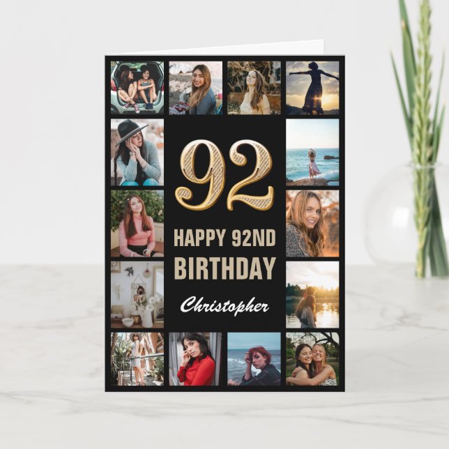 92nd Happy Birthday Black and Gold Photo Collage Card (Front)