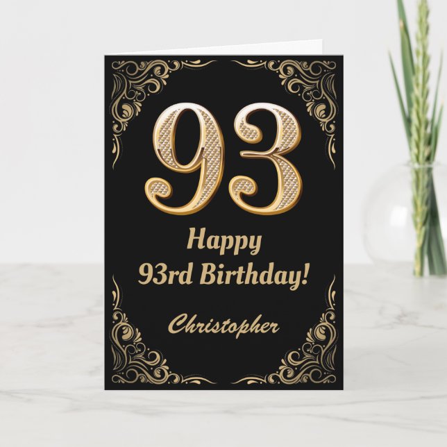 93rd Birthday Black and Gold Glitter Frame Card (Front)