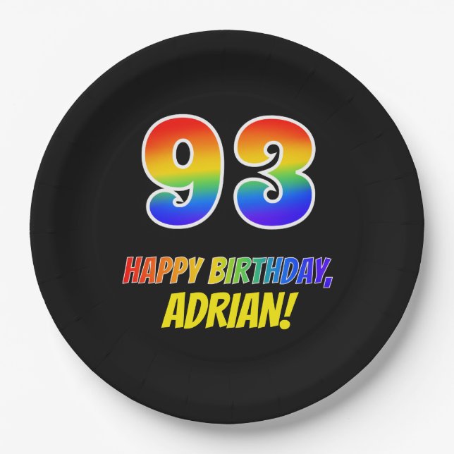 93rd Birthday: Bold, Fun, Simple, Rainbow 93 Paper Plate (Front)