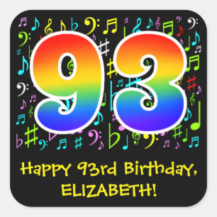 93rd Birthday: Colorful Music Symbols, Rainbow 93 Square Sticker