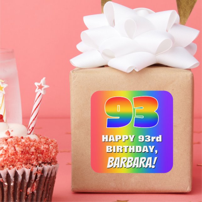 93rd Birthday: Colourful, Fun Rainbow Pattern # 93 Square Sticker (Party)