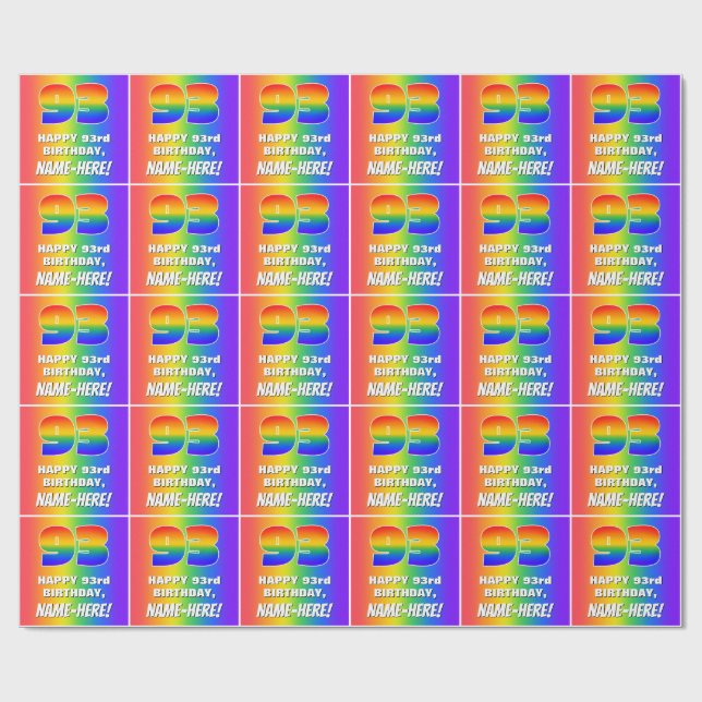 93rd Birthday: Colourful, Fun Rainbow Pattern # 93 Wrapping Paper (Flat)