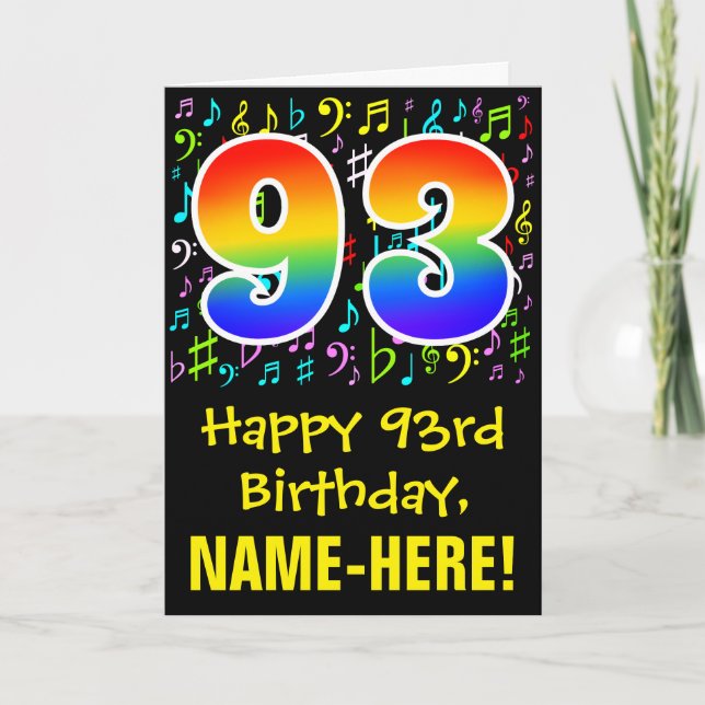 93rd Birthday: Colourful Music Symbols + Rainbow 9 Card (Front)