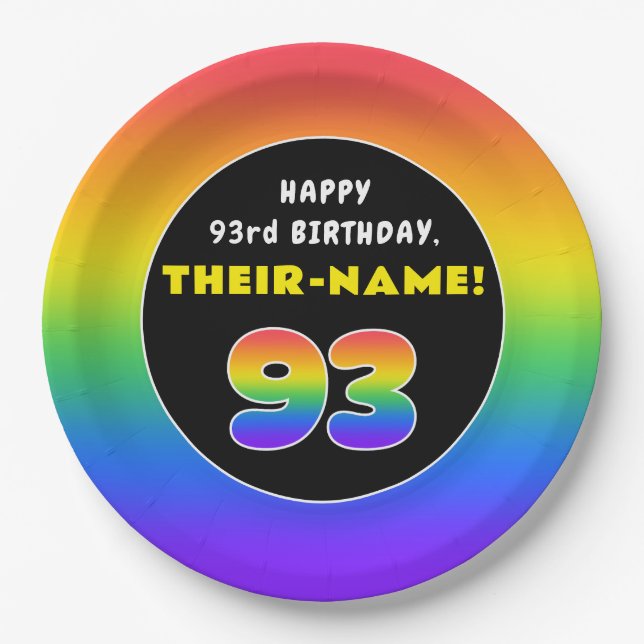93rd Birthday: Colourful Rainbow # 93, Custom Name Paper Plate (Front)