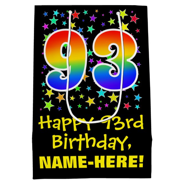93rd Birthday: Colourful Stars Pattern & Rainbow 9 Medium Gift Bag (Back)