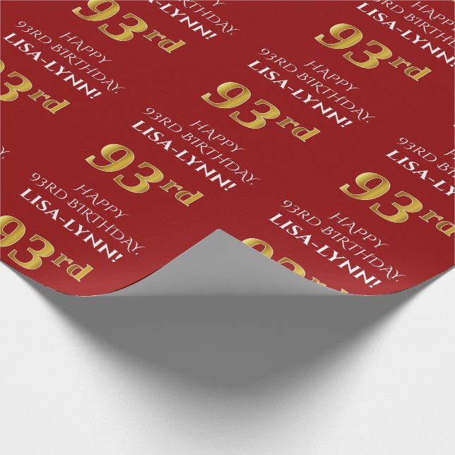 93rd Birthday: Elegant, Red, Faux Gold Look Wrapping Paper (Corner)