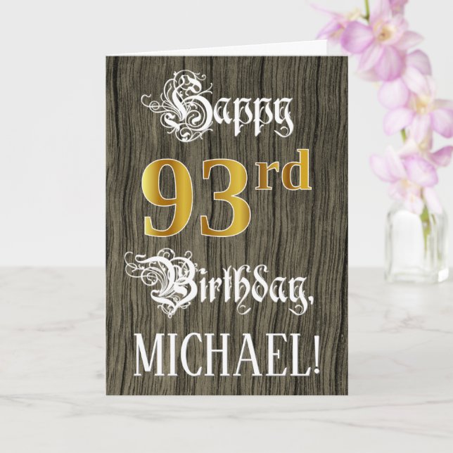 93rd Birthday: Faux Gold Look + Faux Wood Pattern Card (Orchid)