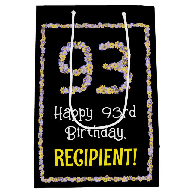 93rd Birthday: Floral Flowers Number, Custom Name Medium Gift Bag (Back)