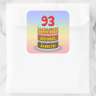 93rd Birthday: Fun Cake and Candles + Custom Name Square Sticker