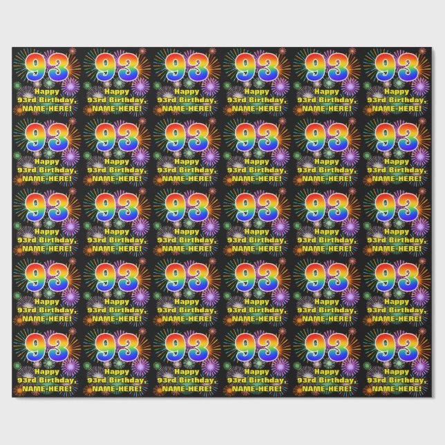 93rd Birthday: Fun Fireworks, Rainbow Look # “93” Wrapping Paper (Flat)