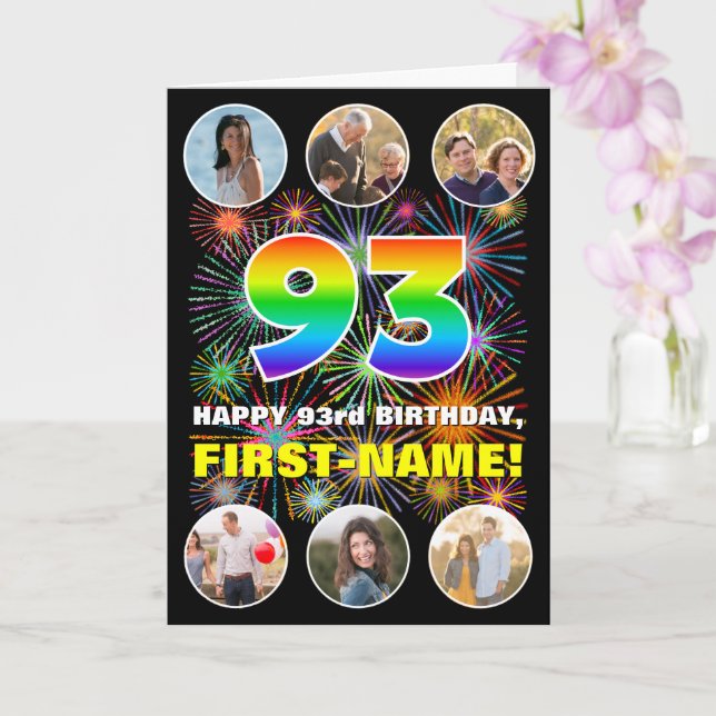 93rd Birthday: Fun Rainbow #, Custom Name & Photos Card (Orchid)