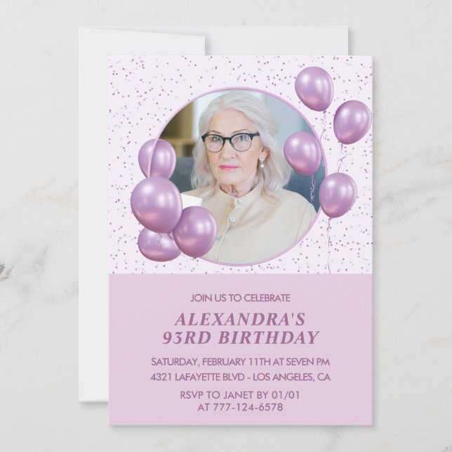 93rd birthday invitations Photo Purple Balloons (Front)