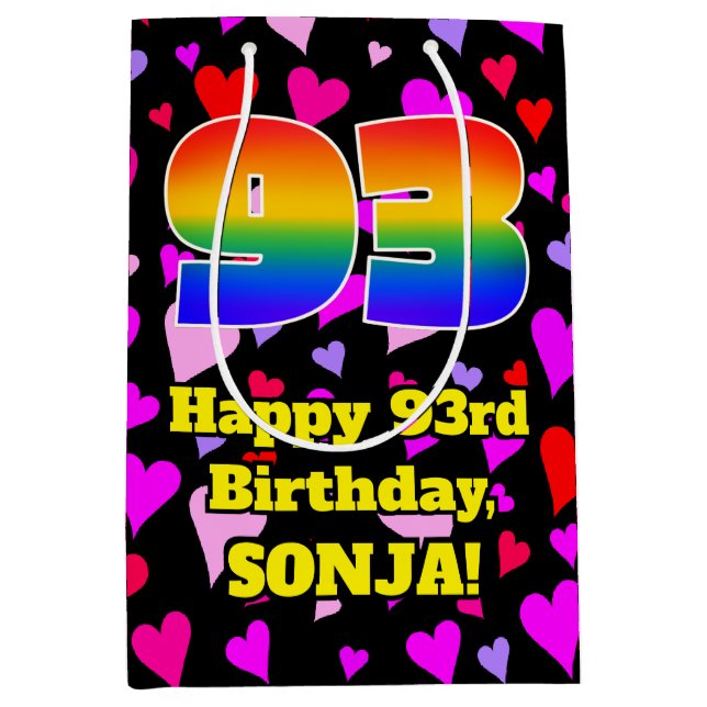 93rd Birthday: Loving Hearts Pattern, Rainbow # 93 Medium Gift Bag (Front)