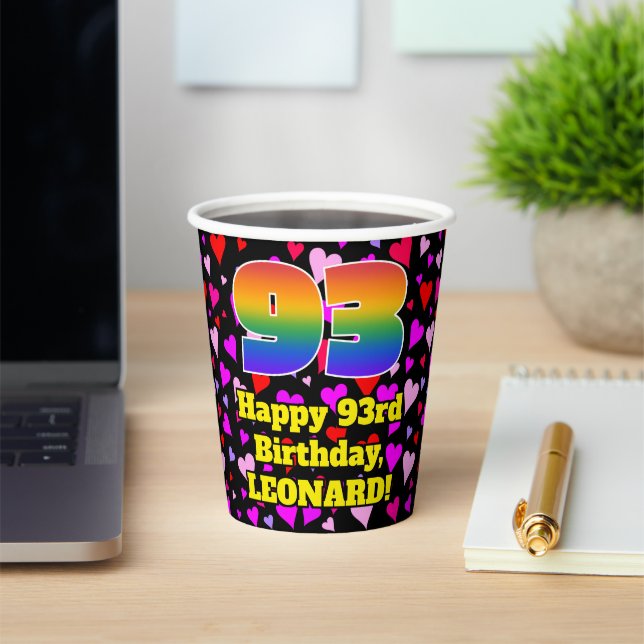 93rd Birthday: Loving Hearts Pattern, Rainbow 93 Paper Cups (Insitu)