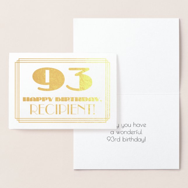 93rd Birthday; Name + Art Deco Inspired Look "93" Foil Card (Display)