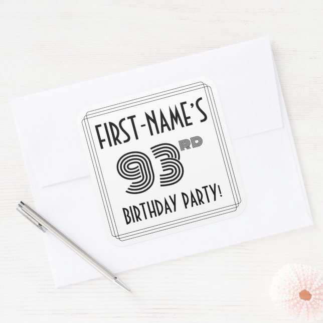 93rd Birthday Party: Art Deco Style + Custom Name Square Sticker (Envelope)