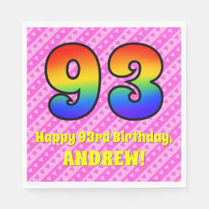 93rd Birthday: Pink Stripes & Hearts, Rainbow # 93 Napkin