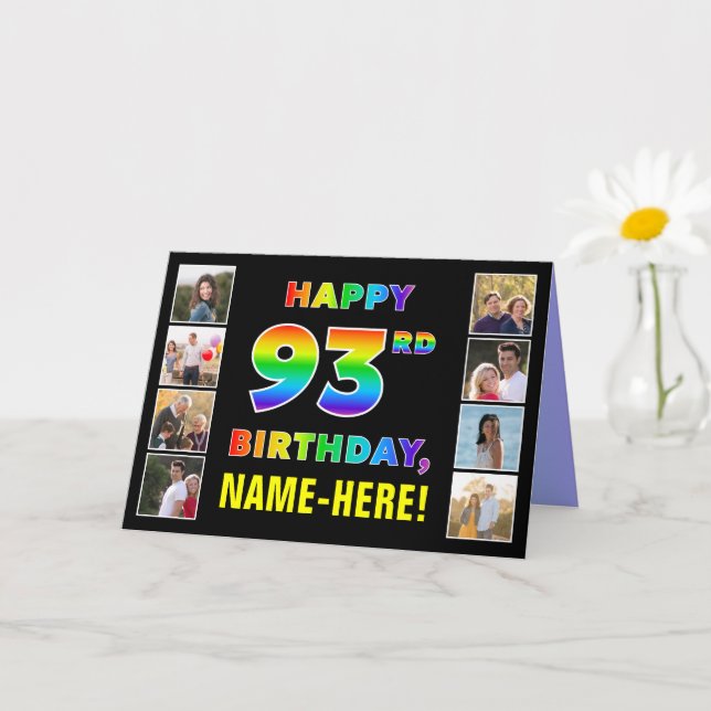 93rd Birthday: Rainbow Text, Custom Photos & Name Card (Small Plant)