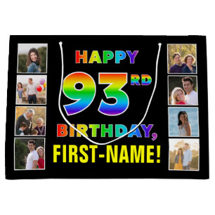 93rd Birthday: Rainbow Text, Custom Photos & Name Large Gift Bag
