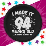 94 Year Old Sarcastic Meme Funny 94th Birthday Paper Plate<br><div class="desc">This funny 94th birthday design makes a great sarcastic humour joke or novelty gag gift for a 94 year old birthday theme or surprise 94th birthday party! Features 'I Made it to 94 Years Old... Nothing Scares Me' funny 94th birthday meme that will get lots of laughs from family, friends,...</div>