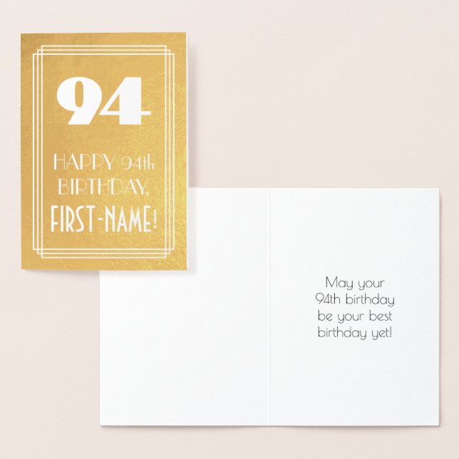 94th Birthday ~ Art Deco Style "94" & Custom Name Foil Card (Display)