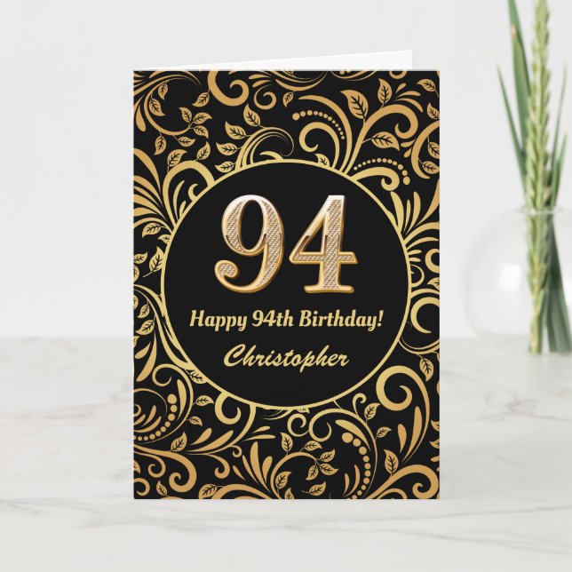 94th Birthday Black and Gold Floral Pattern Card (Front)