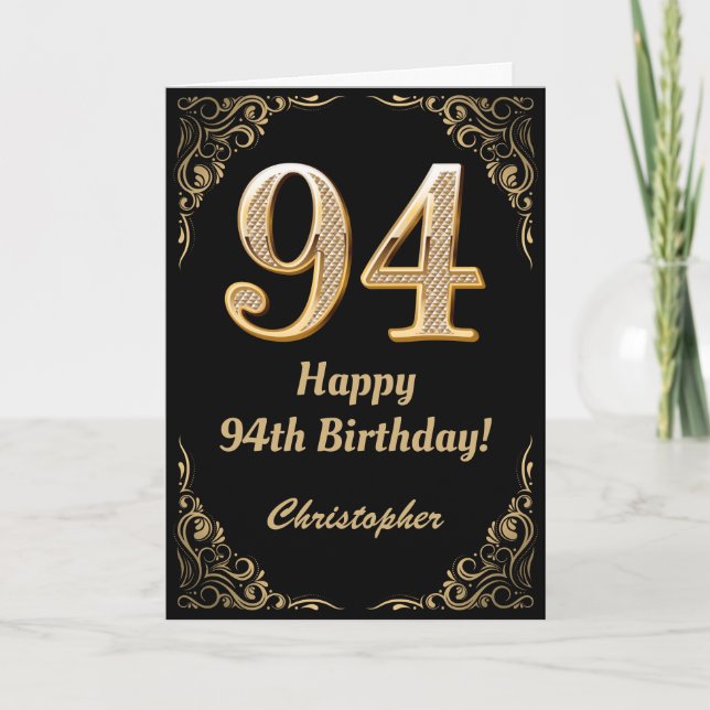 94th Birthday Black and Gold Glitter Frame Card (Front)