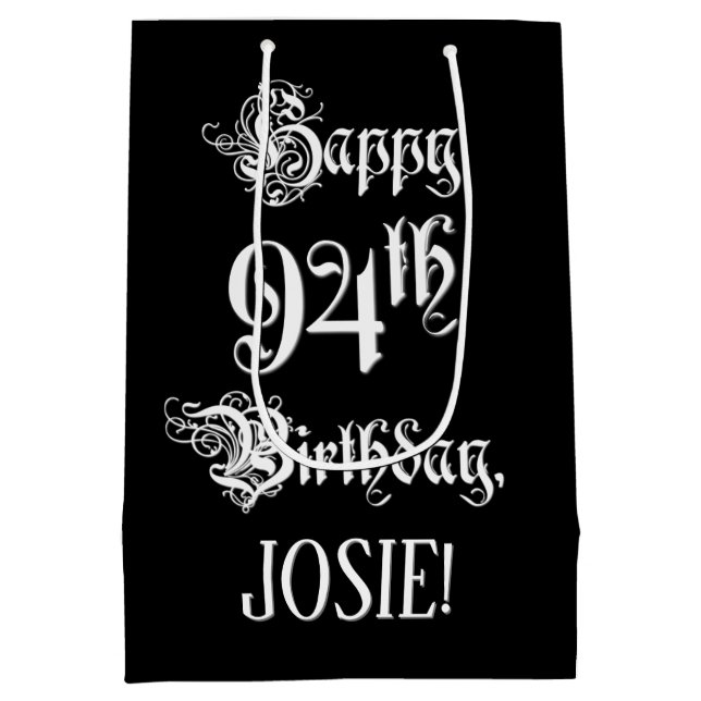 94th Birthday: Fancy, Elegant Script + Custom Name Medium Gift Bag (Back)