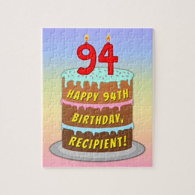 94th Birthday: Fun Cake and Candles + Custom Name Jigsaw Puzzle (Vertical)