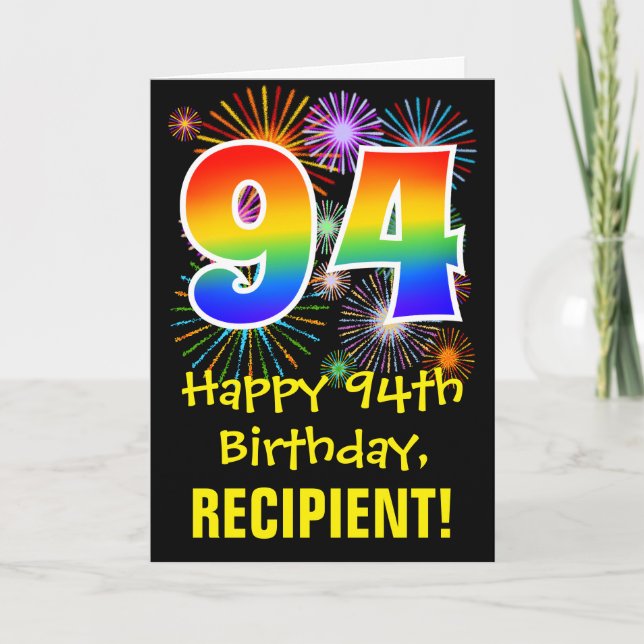 94th Birthday: Fun Fireworks Pattern + Rainbow 94 Card (Front)
