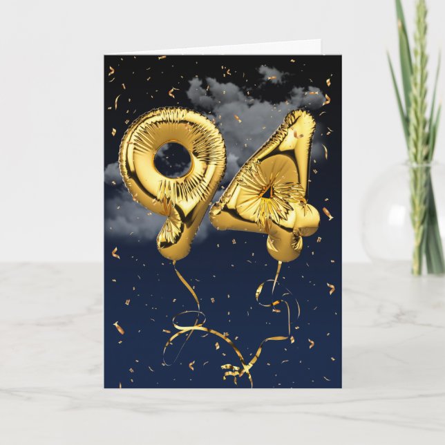94th Birthday Gold Mylar Balloon and Confetti Card (Front)