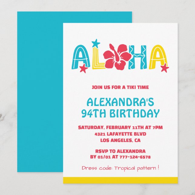 94th birthday invitations Tropical Aloha Hawaiian (Front/Back)