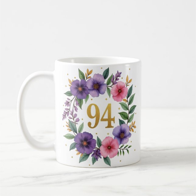 94th Birthday Mug – Floral Wreath with Gold Number (Left)