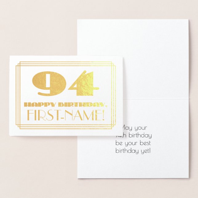 94th Birthday; Name + Art Deco Inspired Look "94" Foil Card (Display)