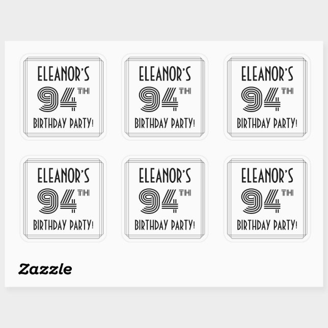 94th Birthday Party: Art Deco Style + Custom Name Square Sticker (Sheet)